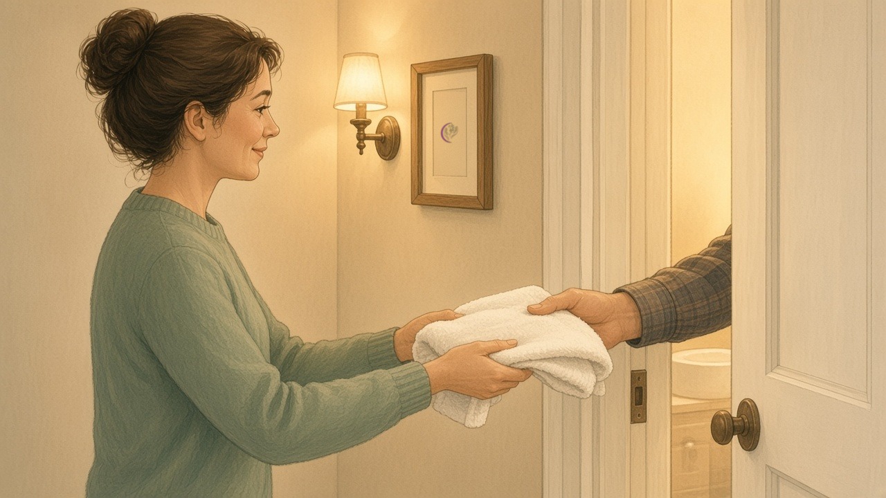 Caregiver handing a towel through a partly open bathroom door while looking away