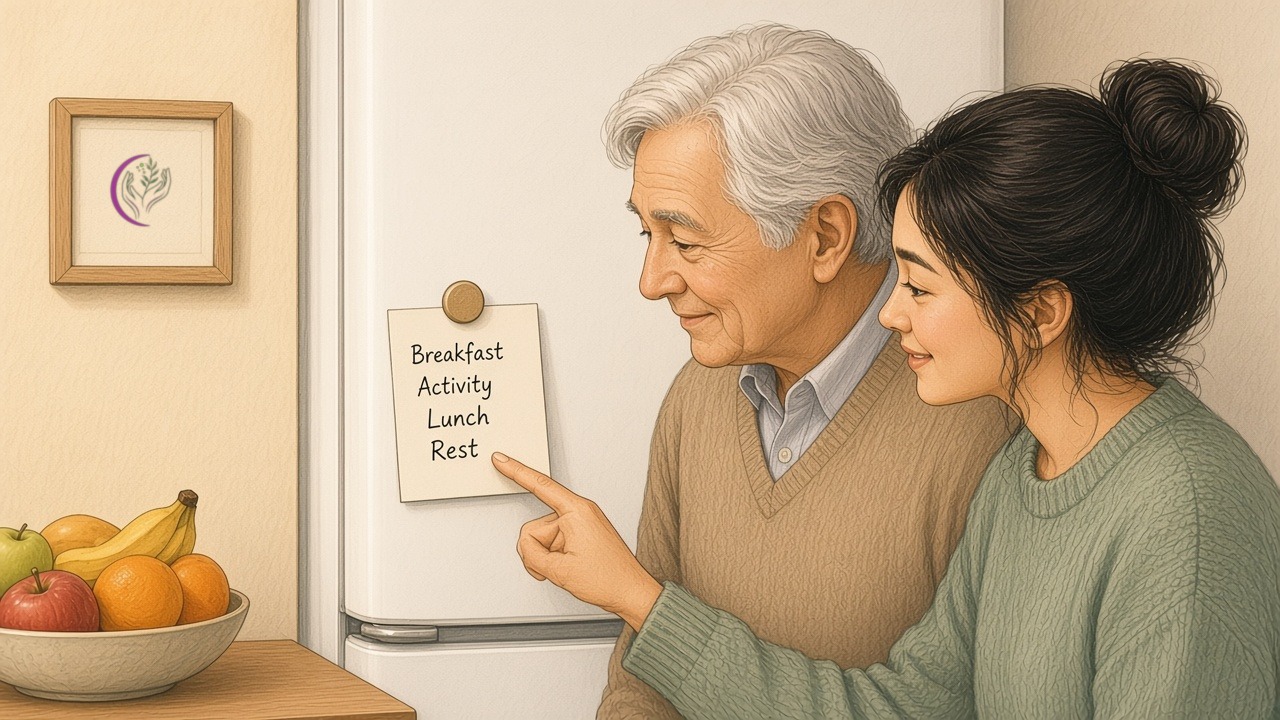 A companion points to a handwritten daily routine card on the fridge: breakfast, activity, lunch, rest.
