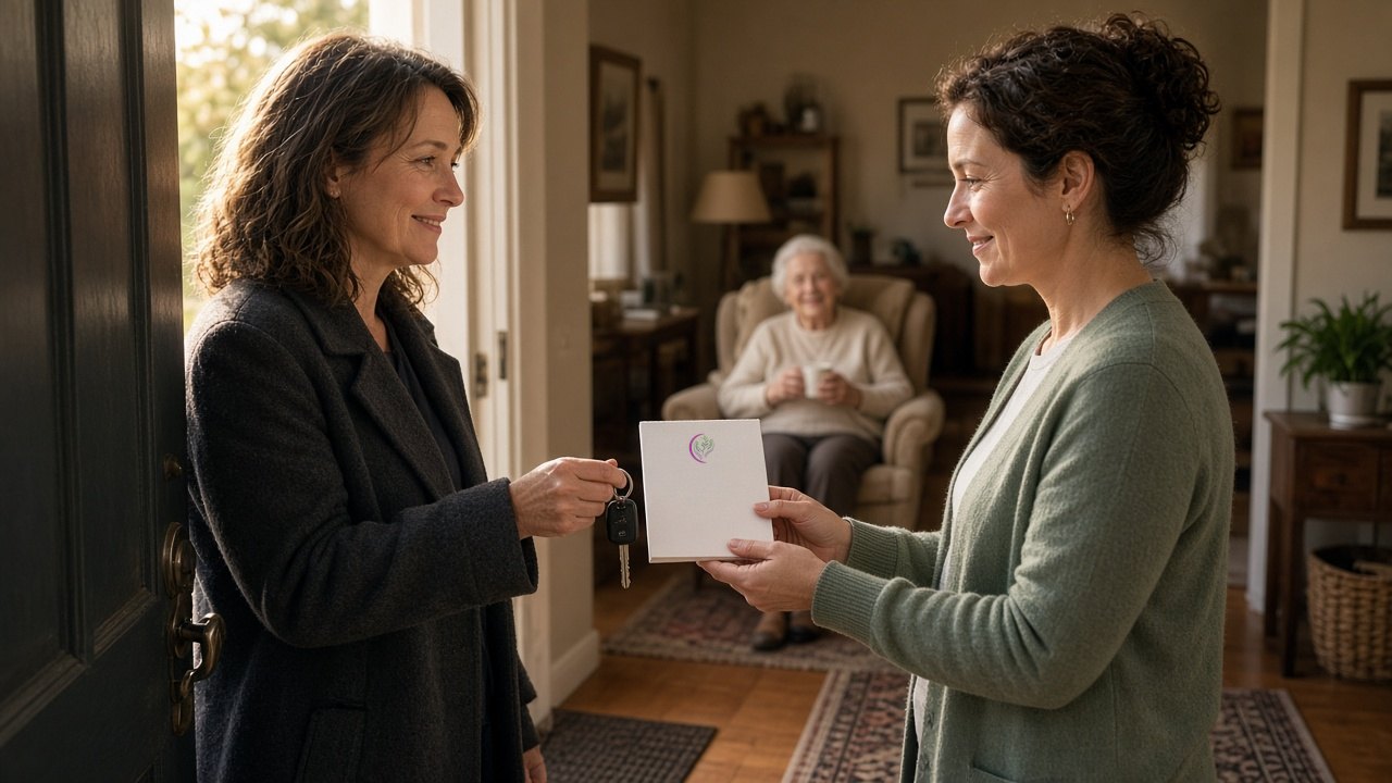At the front door, a family caregiver in her coat hands a notepad to an in-home caregiver while her mother relaxes in an armchair in the background.