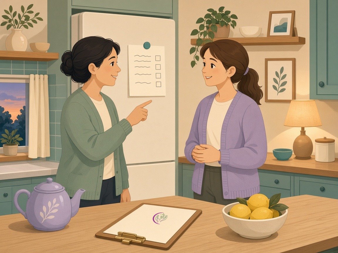 Two caregivers talk through a simple care notes page pinned to the refrigerator during a calm kitchen handoff, with a clipboard showing the Sovereign Serenity Care logo on the counter.