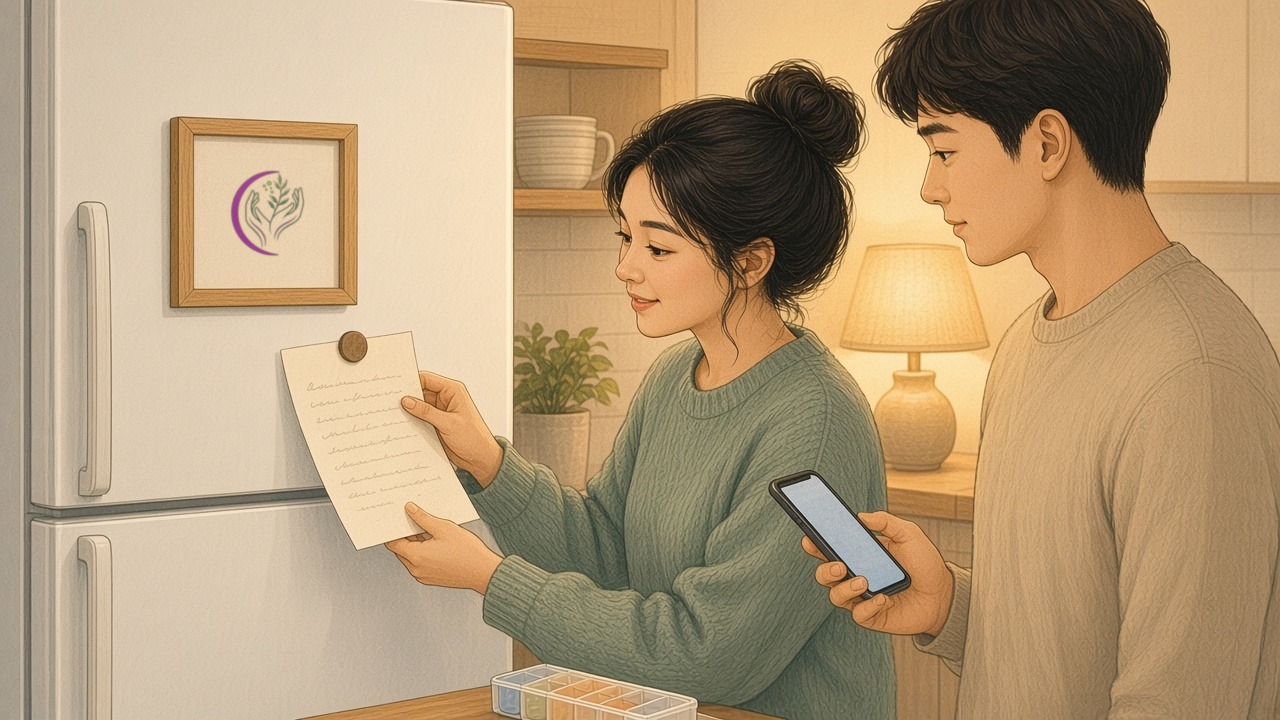 A daughter pins the one-page care plan to the fridge while her brother texts the family.