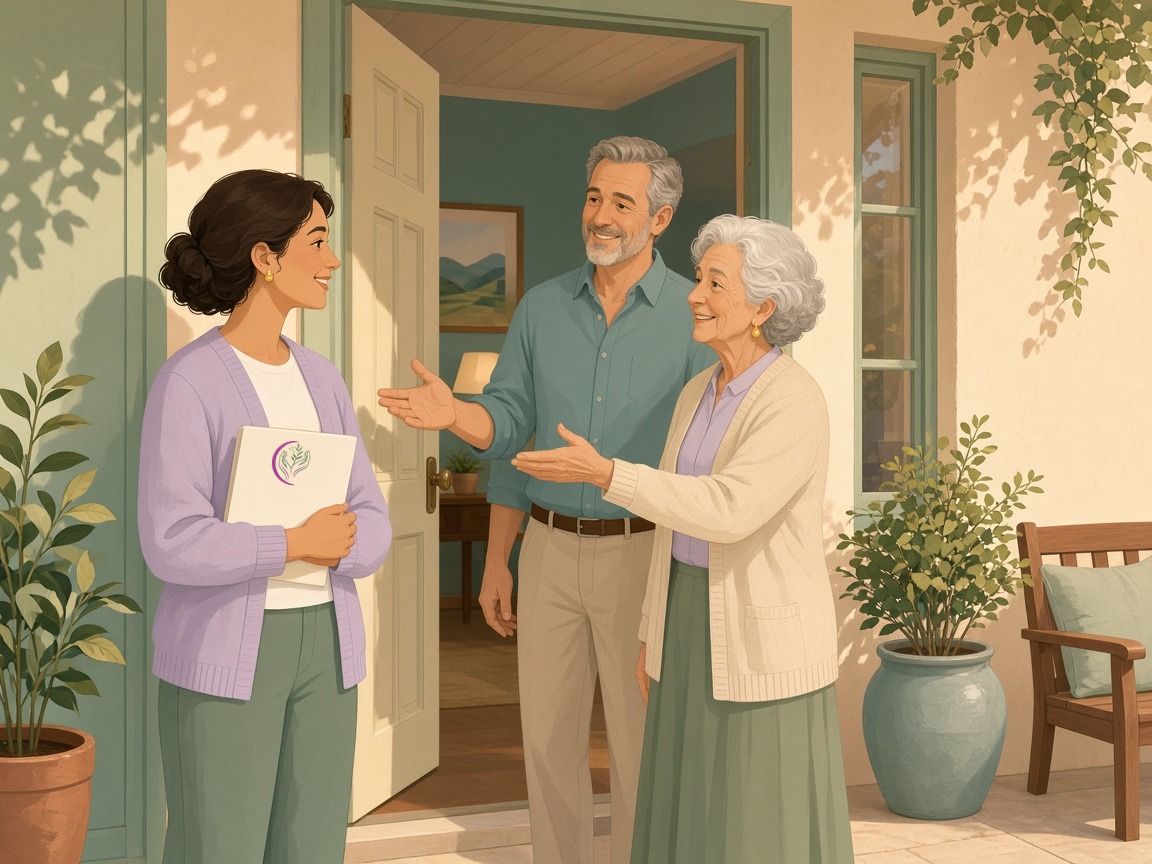 A caregiver holding a folder with the Sovereign Serenity Care logo is welcomed at the front door by a man and his mother, who greet her with friendly smiles.