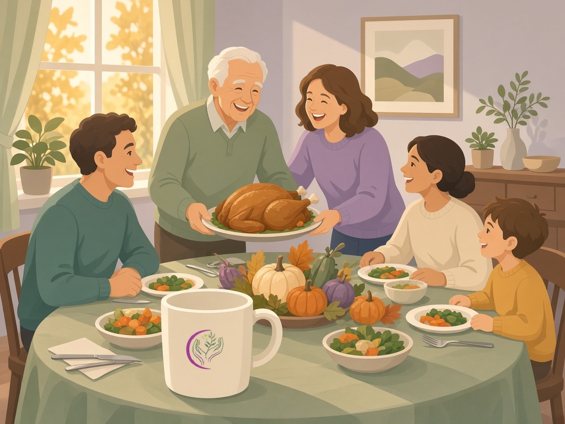 An older father serves the turkey at a Thanksgiving table as his daughter helps with the platter. A mug with the Sovereign Serenity Care logo sits in front.