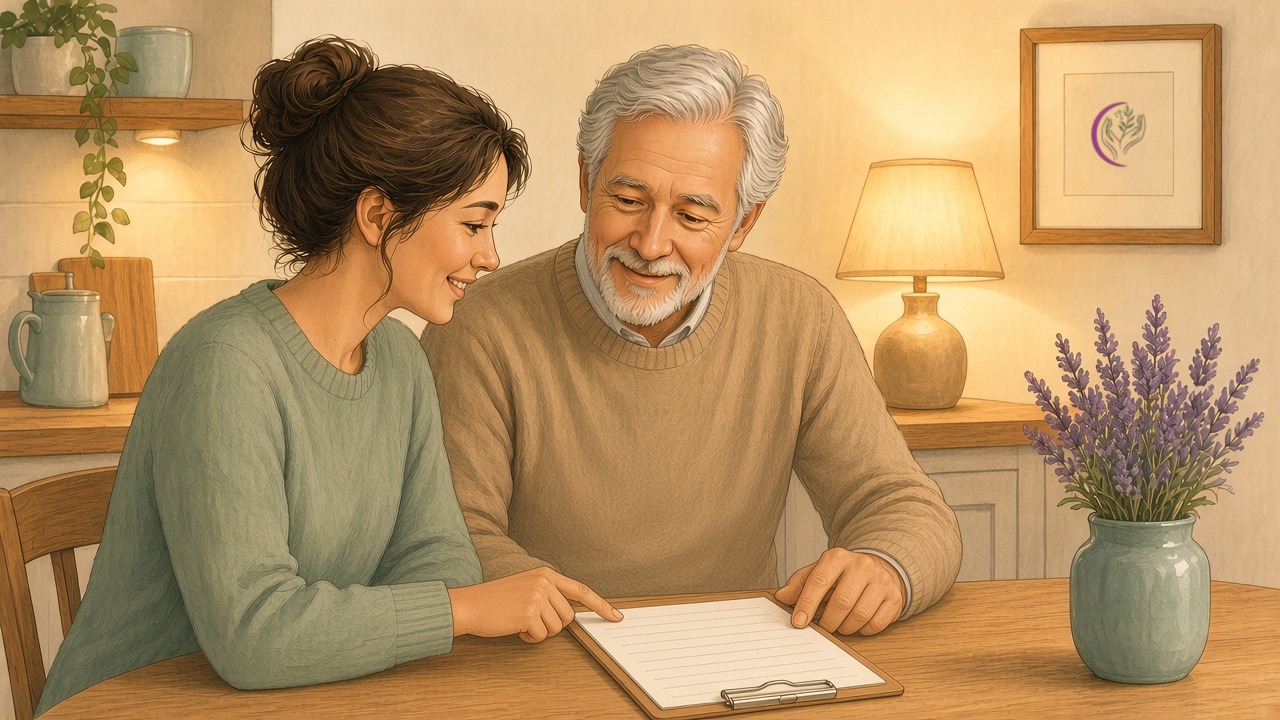 Daughter and her father reviewing a weekly plan at the table