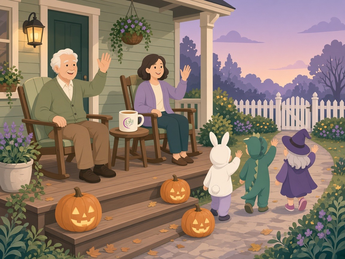 An older man and a companion wave from rocking chairs to children in costumes at dusk. A mug of cider with the Sovereign Serenity Care logo sits between them.