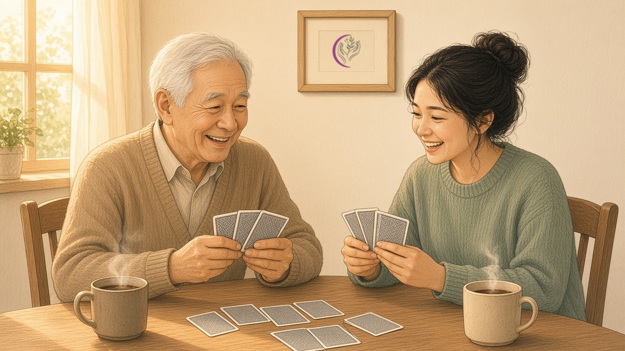 An older man and his caregiver laugh over a hand of cards at the kitchen table.