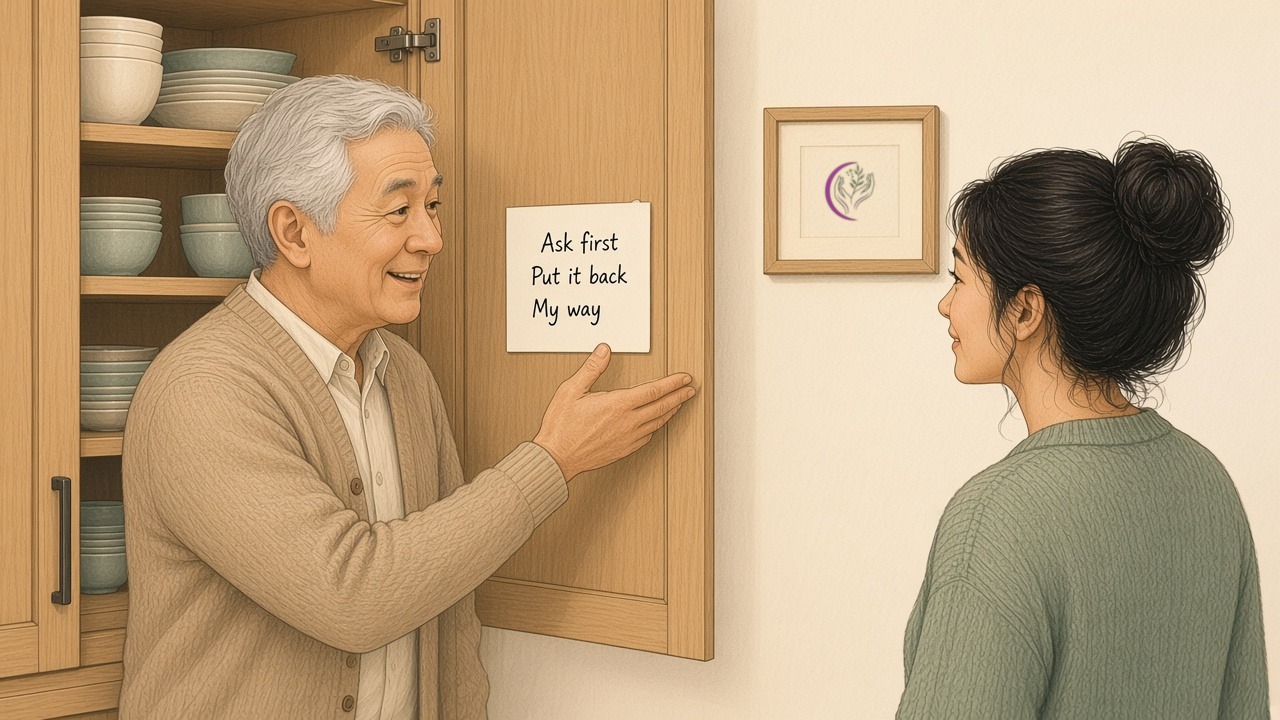 An older man shows his caregiver the kitchen rules card taped inside his cupboard: ask first, put it back, my way.