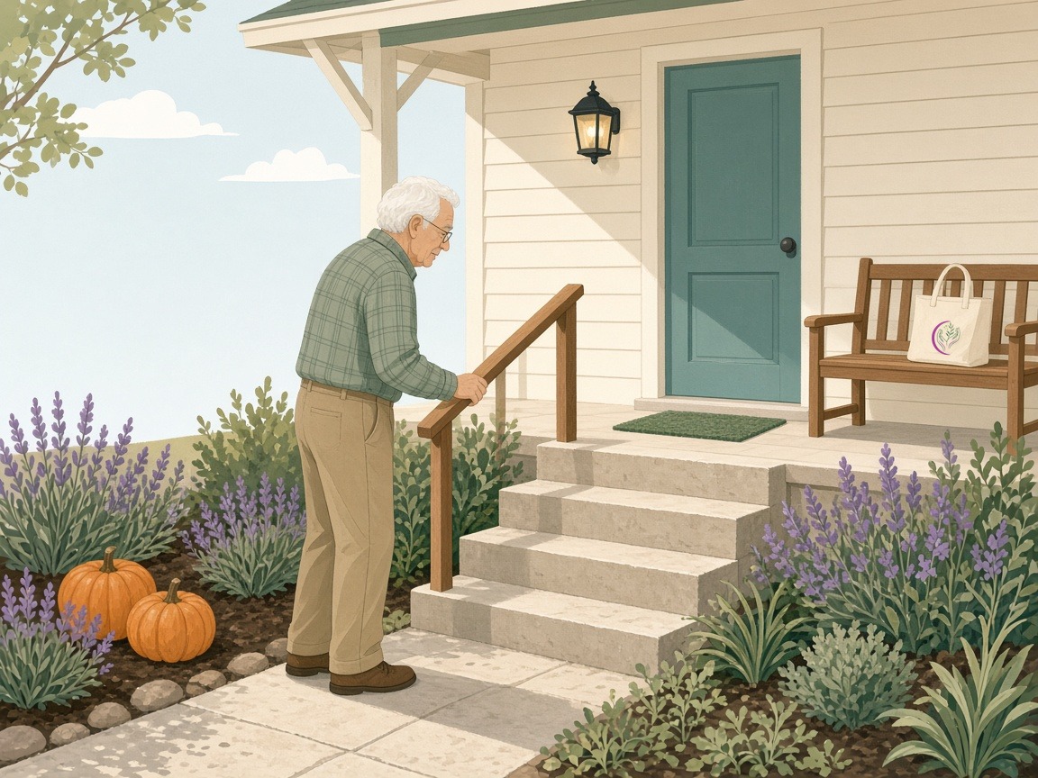An older man checks his clear porch steps in daylight, hand on the handrail, near a non-slip mat and a bright porch light. A tote bag with the Sovereign Serenity Care logo sits on a porch bench.