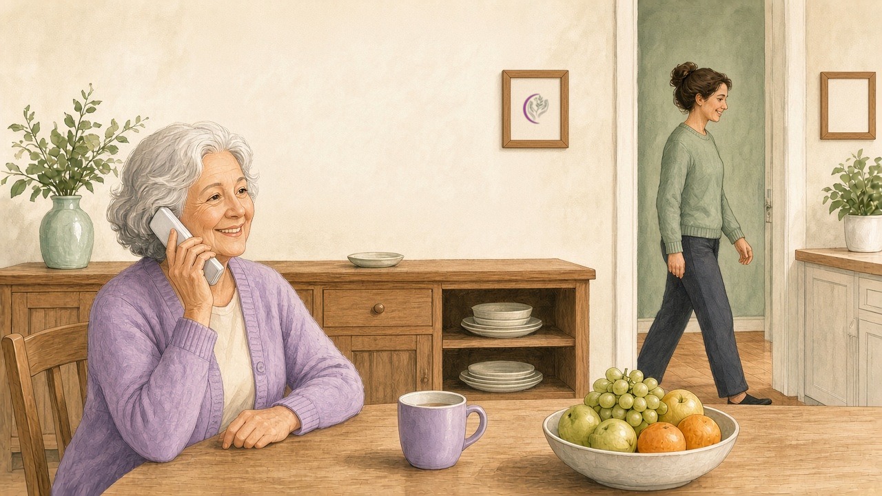 Older woman smiling on the phone at her kitchen table while a caregiver walks past