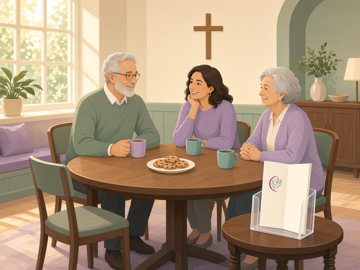 A pastor shares coffee and cookies with a woman and her mother in a church fellowship hall, beside a brochure with the Sovereign Serenity Care logo.