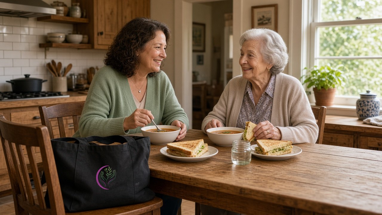 A caregiver and an older woman share a lunch of soup and sandwiches at a sunny kitchen table.